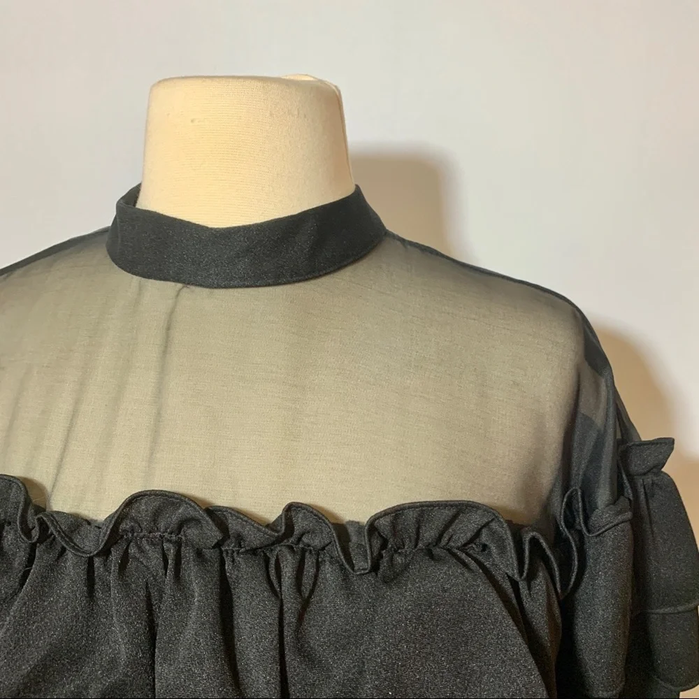 Vintage Black Sheer Neckline Ruffle Off Shoulder Bodice Fit Flare Cocktail Dress - Picture 3 of 8